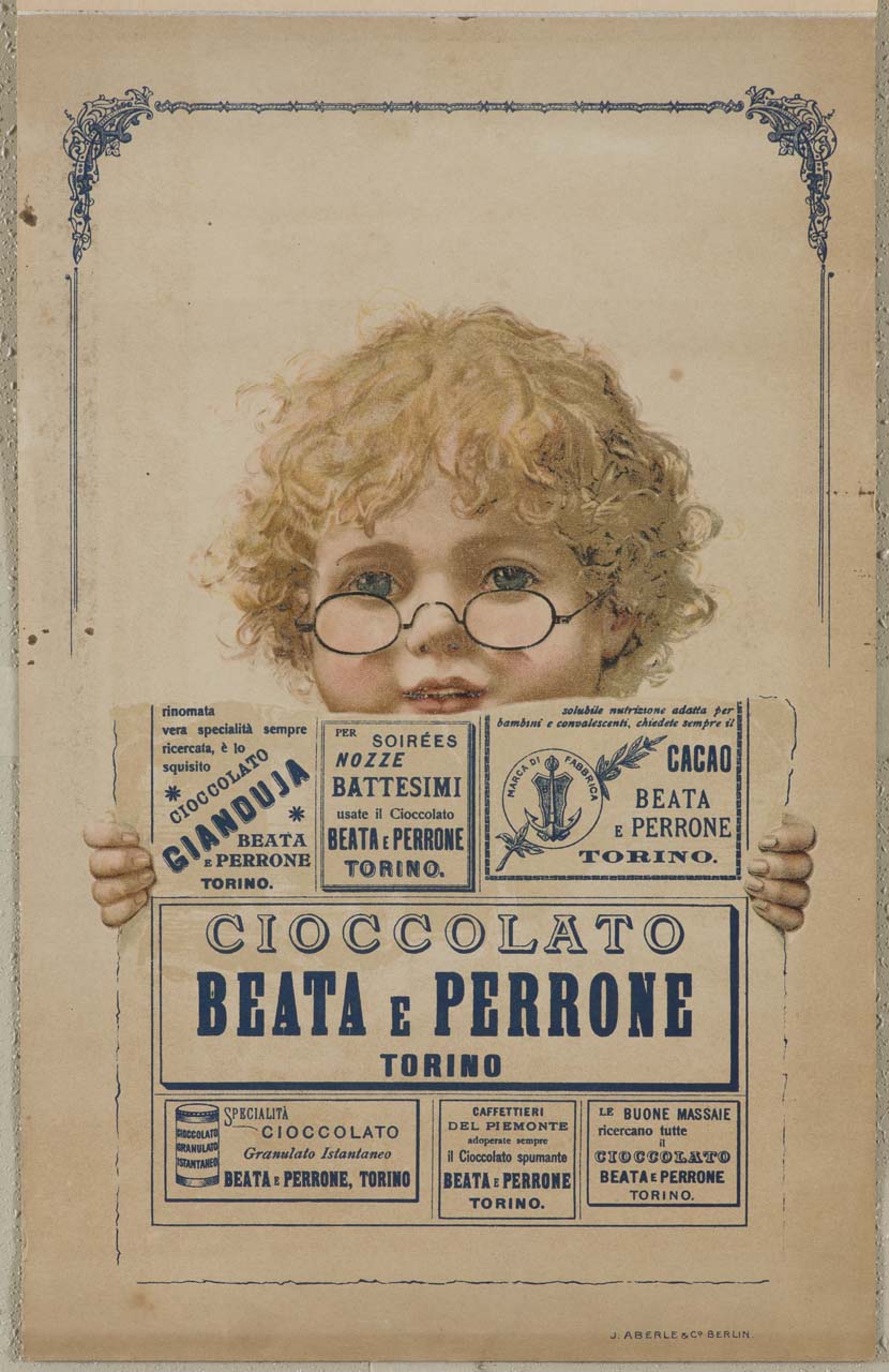 bambino con locandina pubblicitaria (locandina) - ambito italiano (fine/ inizio sec. XIX/XX)