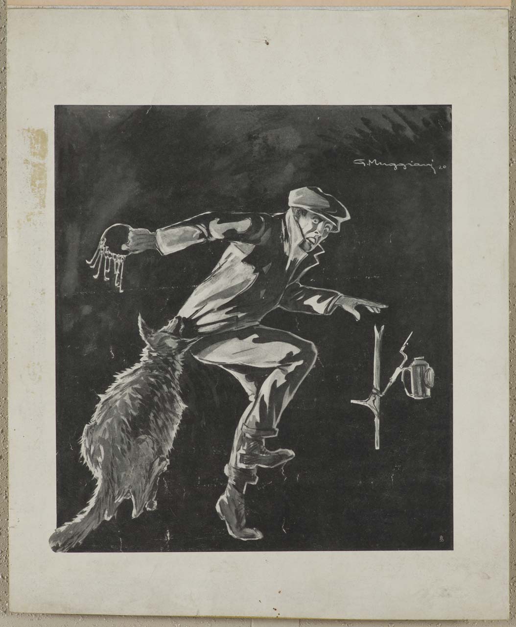 uomo assalito da un cane (locandina) di Muggiani Giorgio (sec. XX)