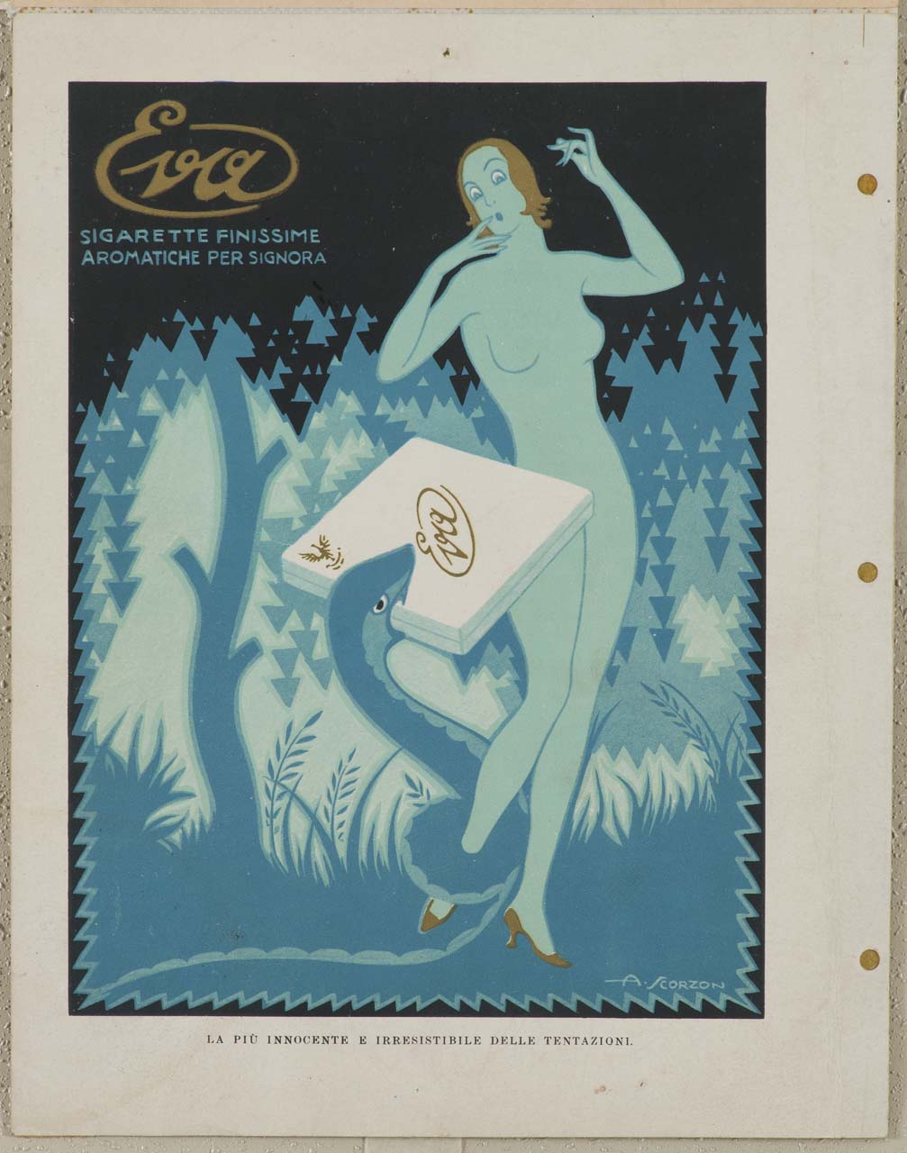 Eva viene tentata dal serpente con una scatola di sigarette (locandina) di Scorzon Amos (sec. XX)