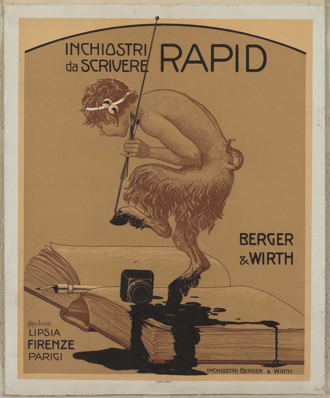 un satiro impugnando pennelli rovescia un calamaio pieno di inchiostro su un libro dalle pagine bianche (locandina) di Andreini Ottorino (sec. XX)