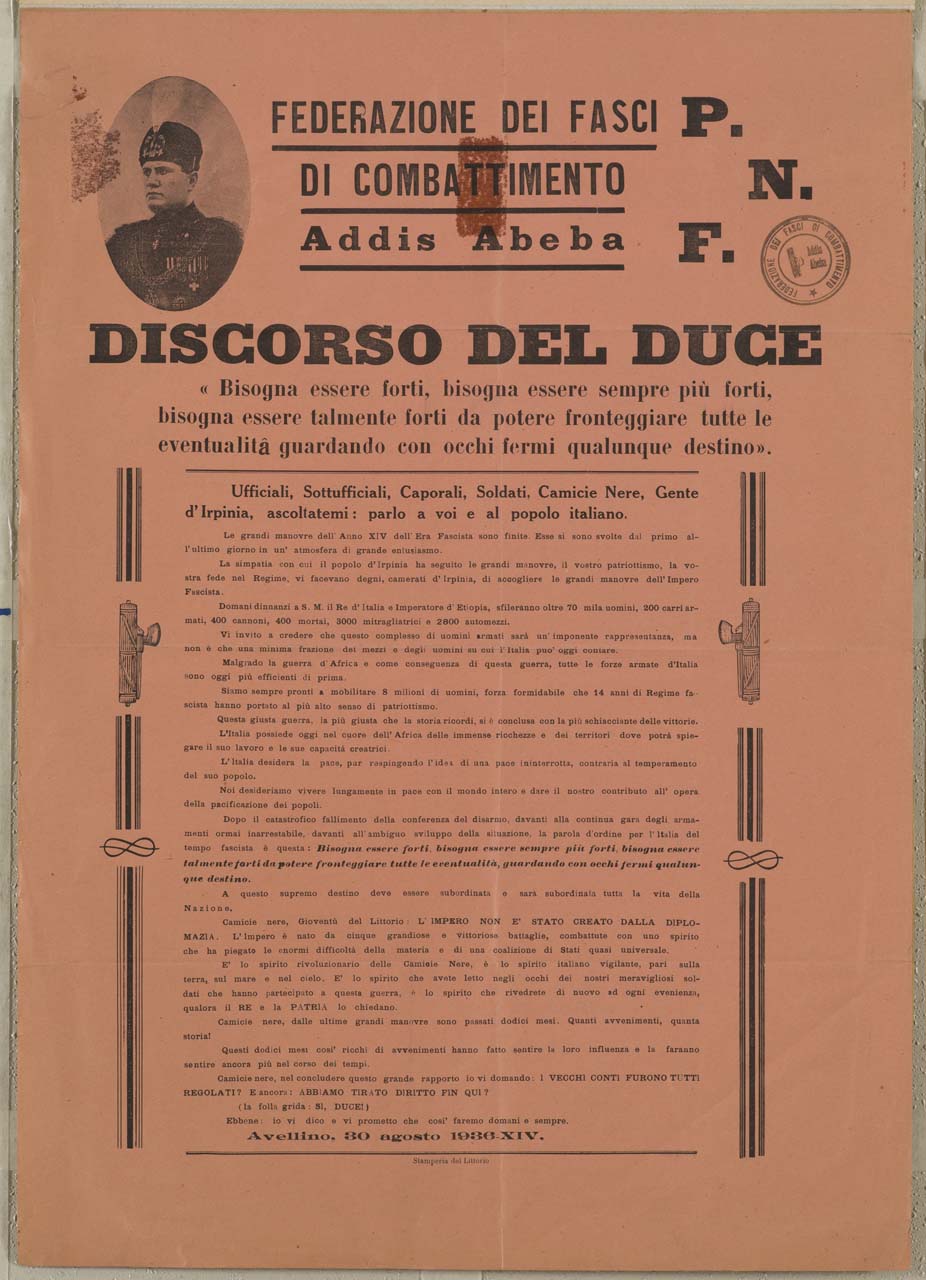 ritratto a mezzo busto di Mussolini e scritte contenute in cornice con fascio littorio (locandina) - ambito africano (sec. XX)