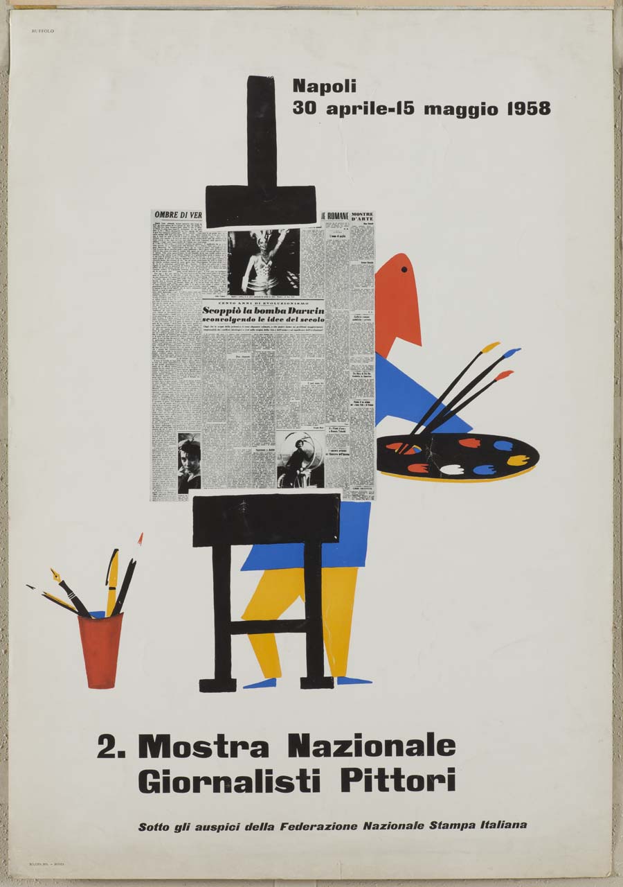 uomo dipinge al cavalletto (manifesto) di Ruffolo Sergio (sec. XX)