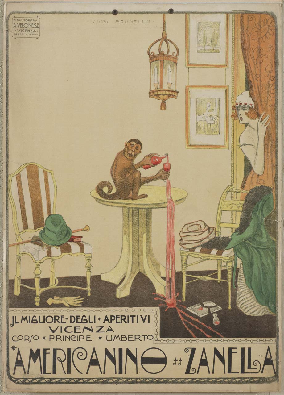 una scimmia si versa da bere (manifesto) di Brunello Luigi (sec. XX)