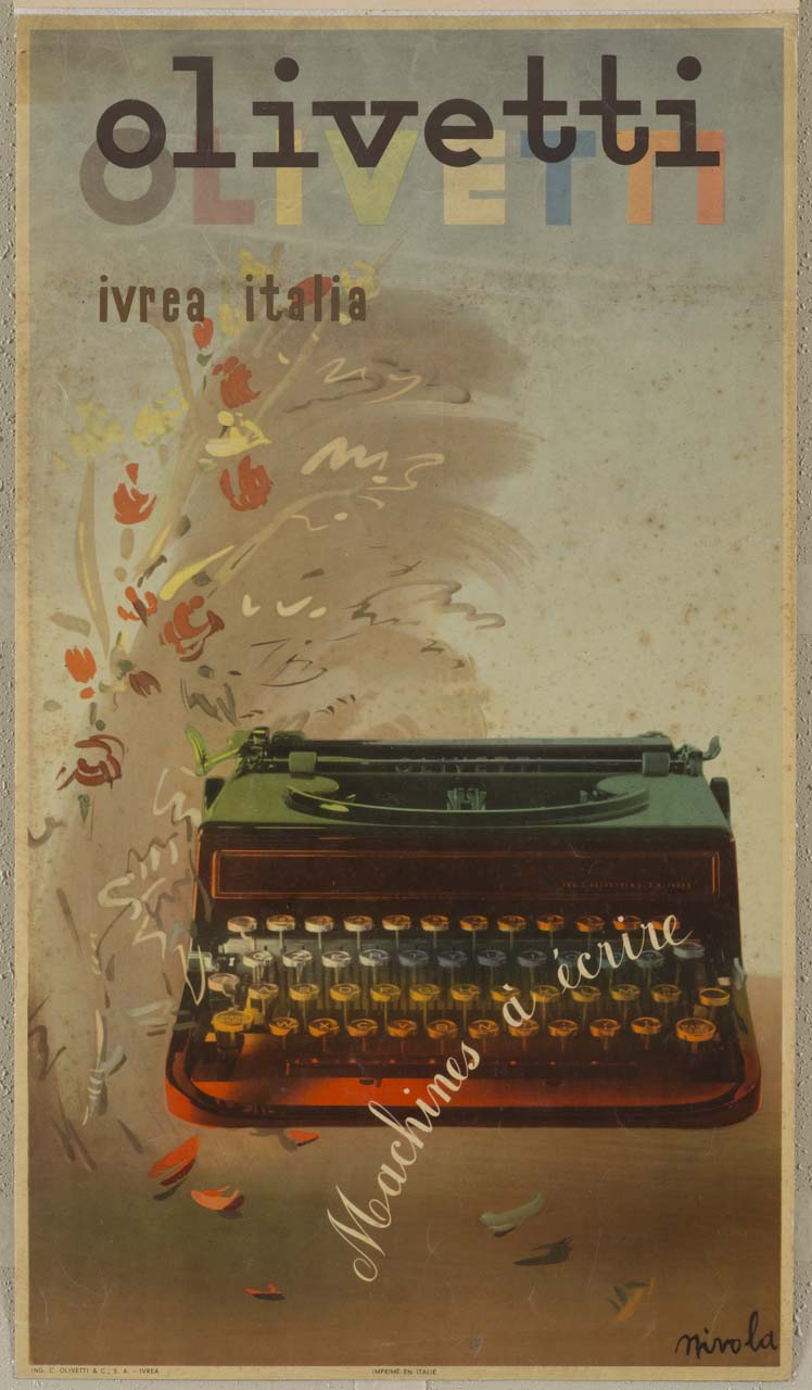 macchina da scrivere e fiori (manifesto) di Nivola Costantino (sec. XX)