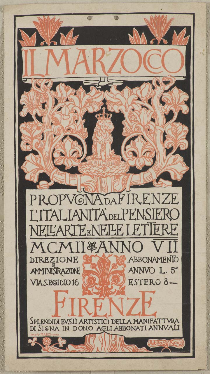 leone coronato circondato da encarpi vegetali (locandina) di De Carolis Adolfo (sec. XX)
