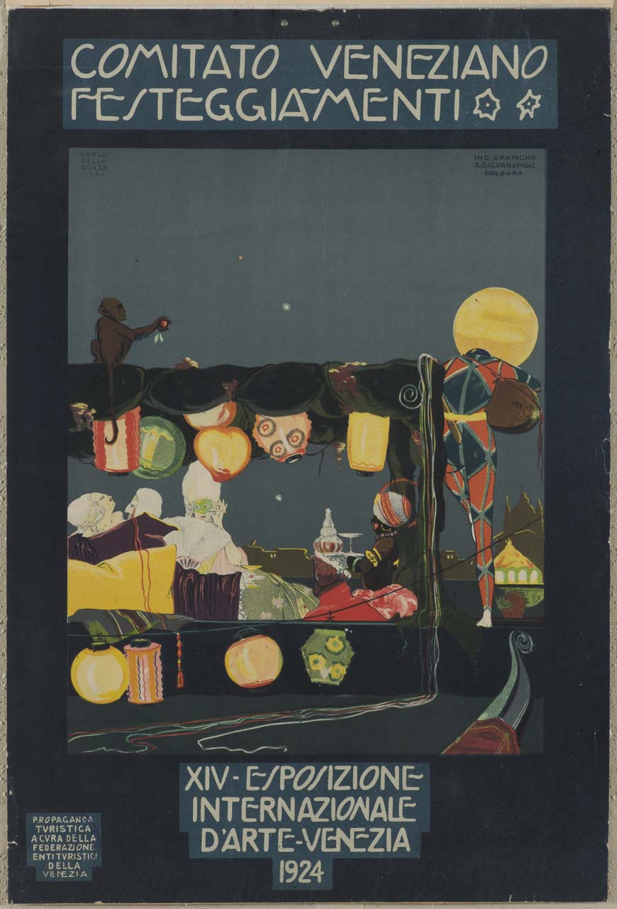 maschere veneziane in atteggiamenti galanti (manifesto) di Dalla Zorza Carlo (sec. XX)