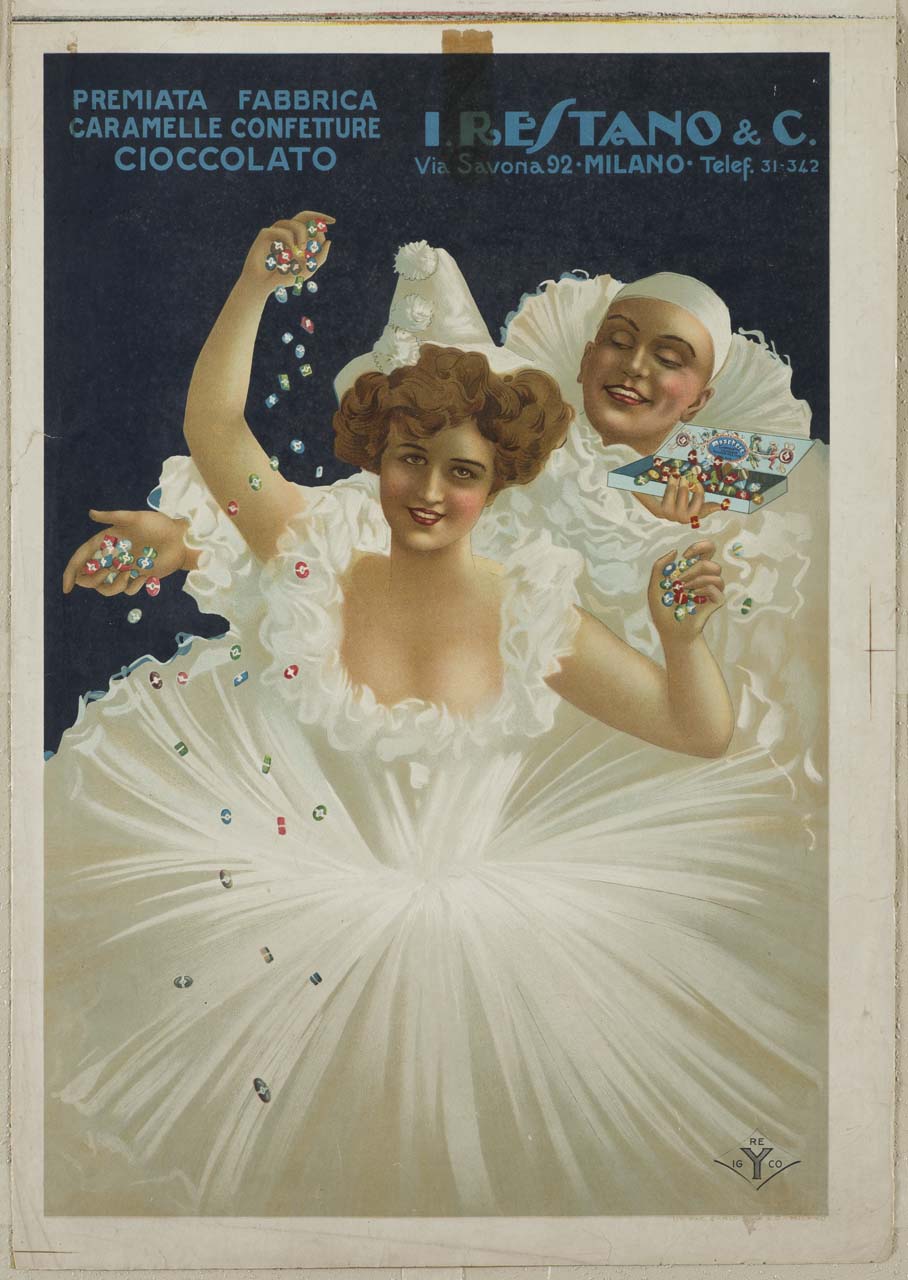 coppia di ballerini sparge caramelle (manifesto) - ambito lombardo (metà sec. XX)