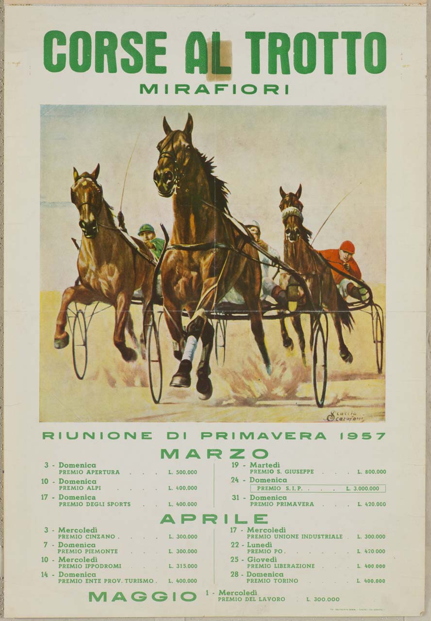 tre cavalli al trotto (manifesto) di Scaccia Scarafoni Arduino (sec. XX)