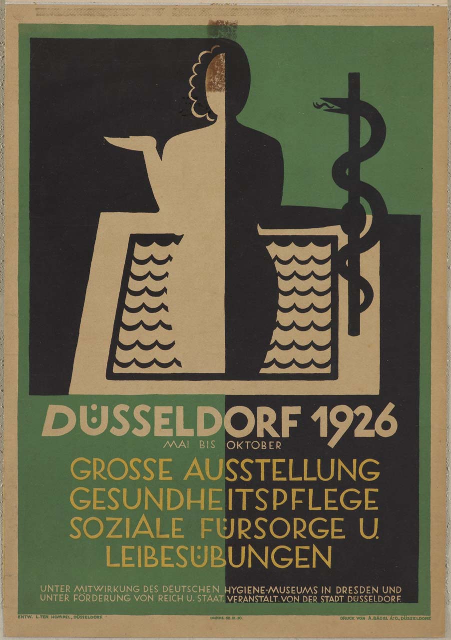 sagoma umana bipartita in bianco e nero, metà donna e metà uomo, immersa in una vasca d’acqua e reggente bastone di Asclepio (manifesto) di ten Hompel Ludwig (sec. XX)