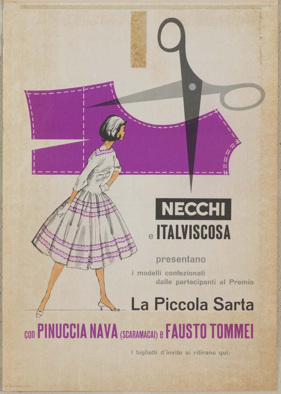 signora elegante, forbici e modello di corpino (manifesto) - ambito lombardo (sec. XX)