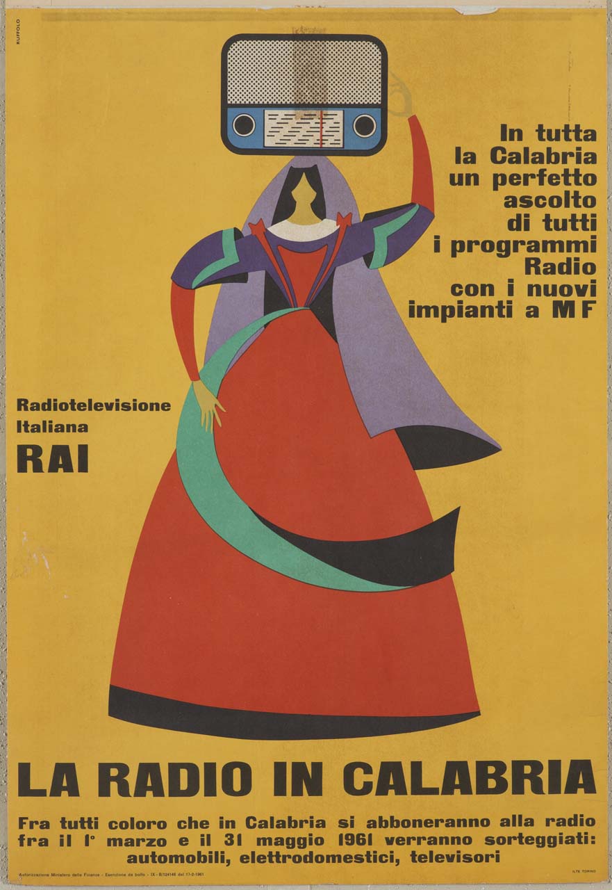 donna con radio sulla testa (manifesto) di Ruffolo Sergio (sec. XX)