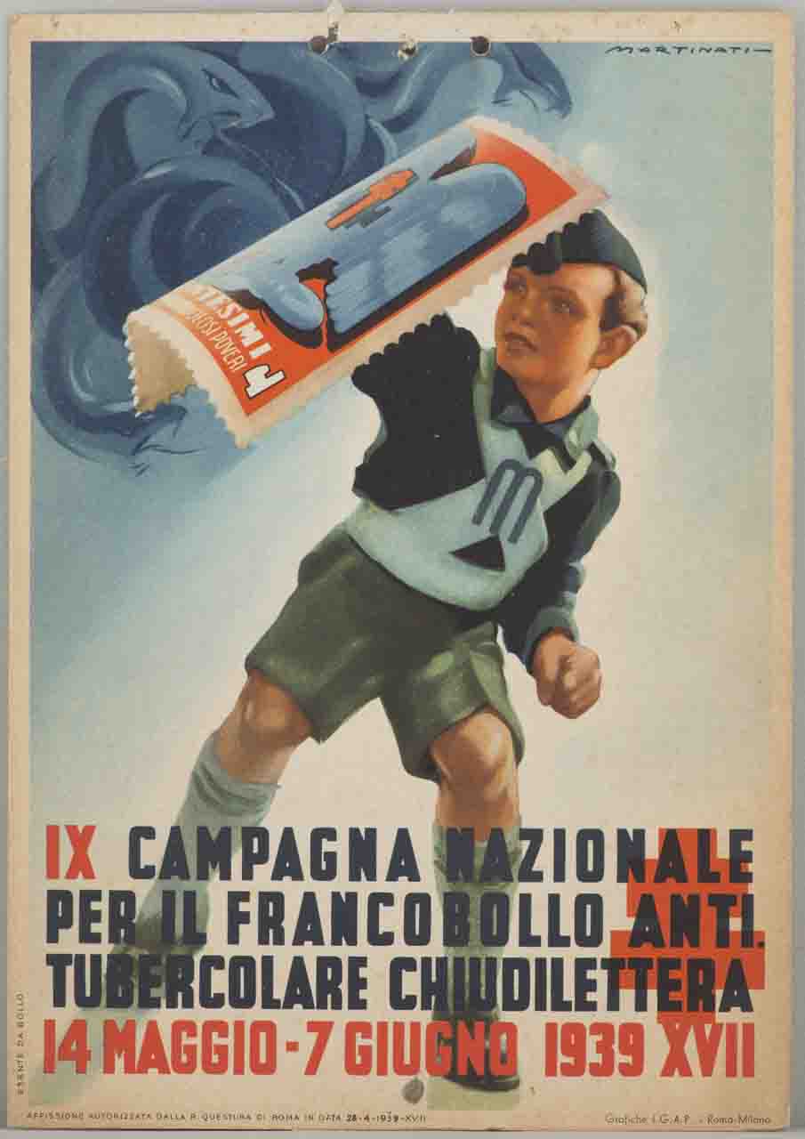 bambino in divisa dei Figli della Lupa si fa scudo con un francobollo dall’attacco di mostri (locandina) di Martinati Luigi (sec. XX)