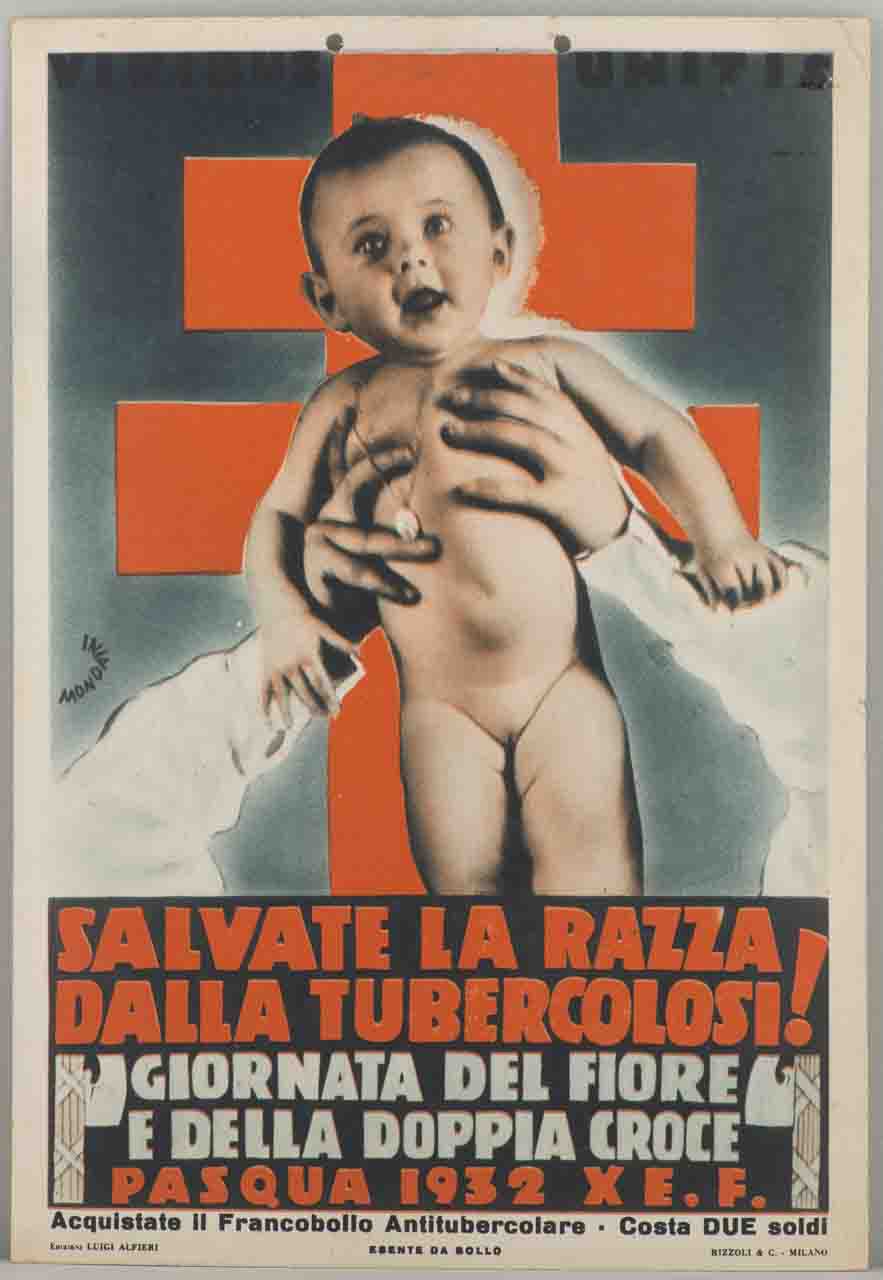 bambina nuda sollevata in alto dalle braccia di un medico con doppia croce sullo sfondo (locandina) di Mondaini Giacinto (sec. XX)