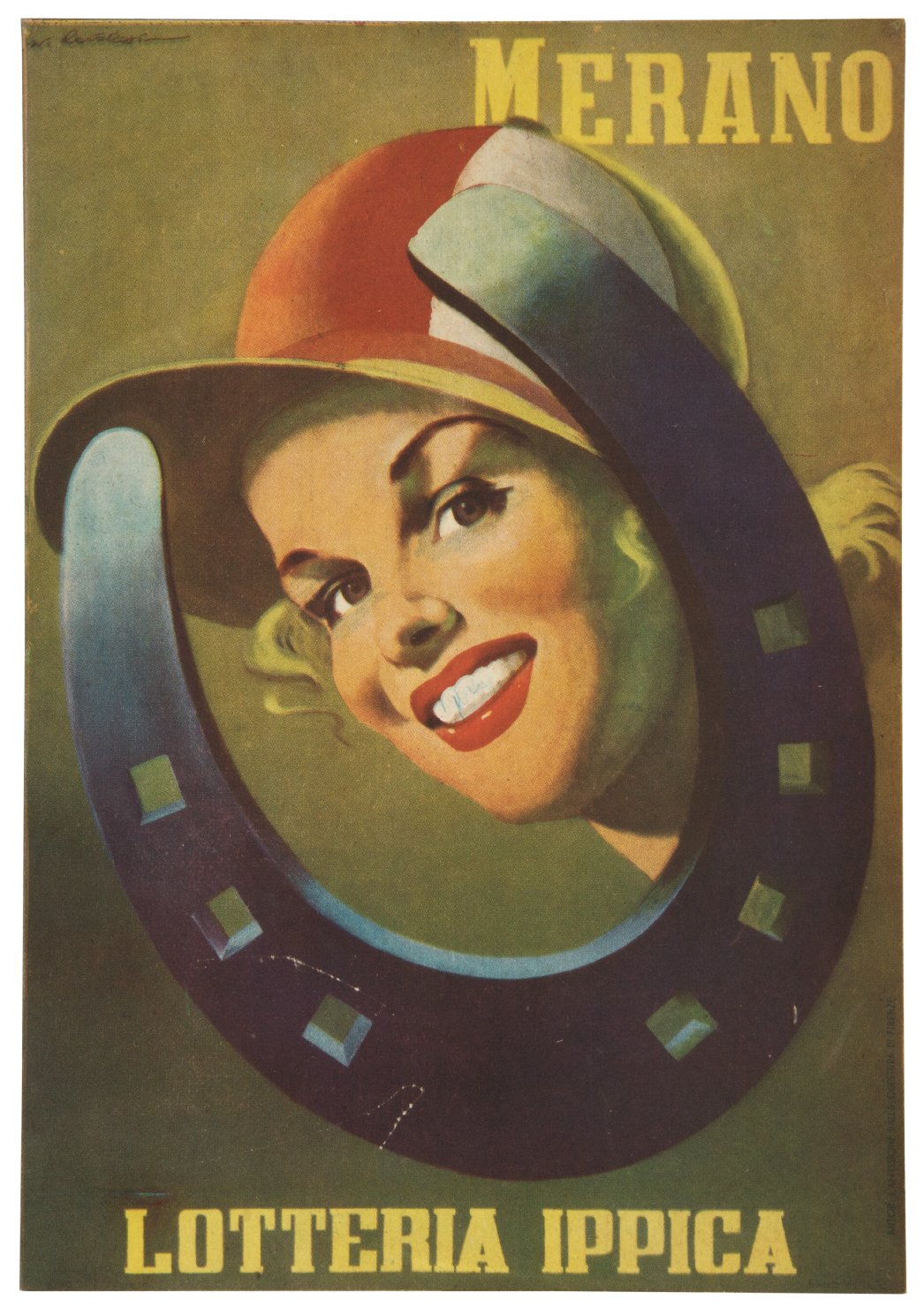 testa femminile con cappello da fantino incorniciata da un ferro di cavallo (locandina) di Roveroni Walter (sec. XX)