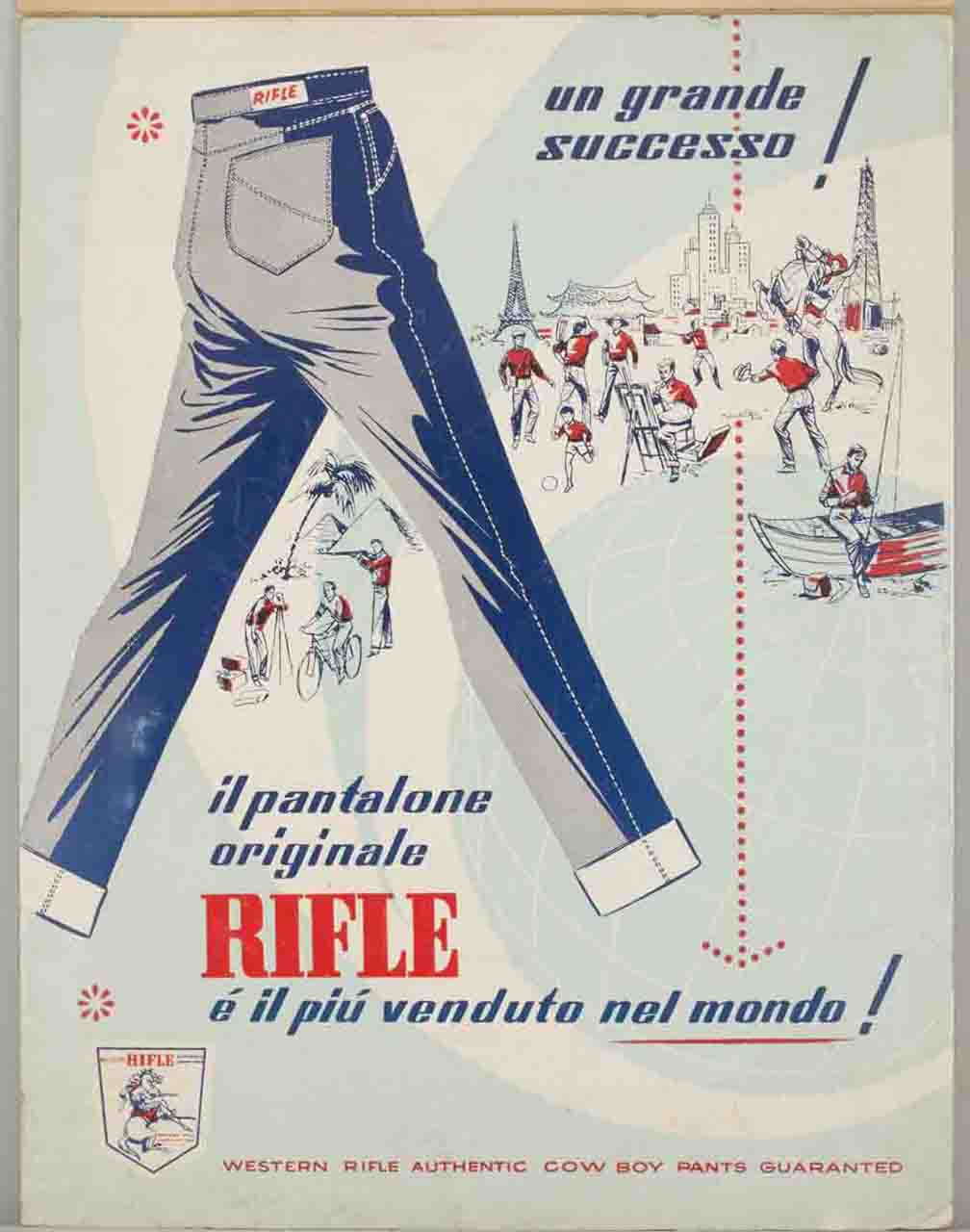 jeans Rifle camminano su uno sfondo con monumenti di tutto il mondo animato da uomini in jeans impegnati in svariate attività (locandina) - ambito italiano (sec. XX)
