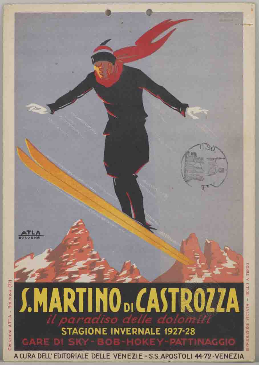 sciatore esegue un salto in paesaggio montano (locandina) di ATLA - Pubblicità - Bologna (sec. XX)