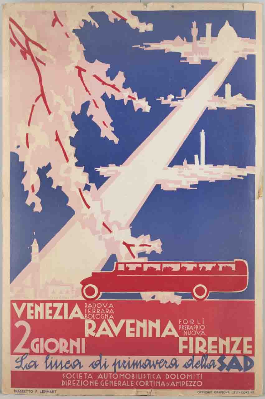 rami fioriti e pullman e in secondo piano una strada che collega Venezia Bologna Ravenna e Firenze (manifesto) di Lenhart Franz (secondo quarto sec. XX)