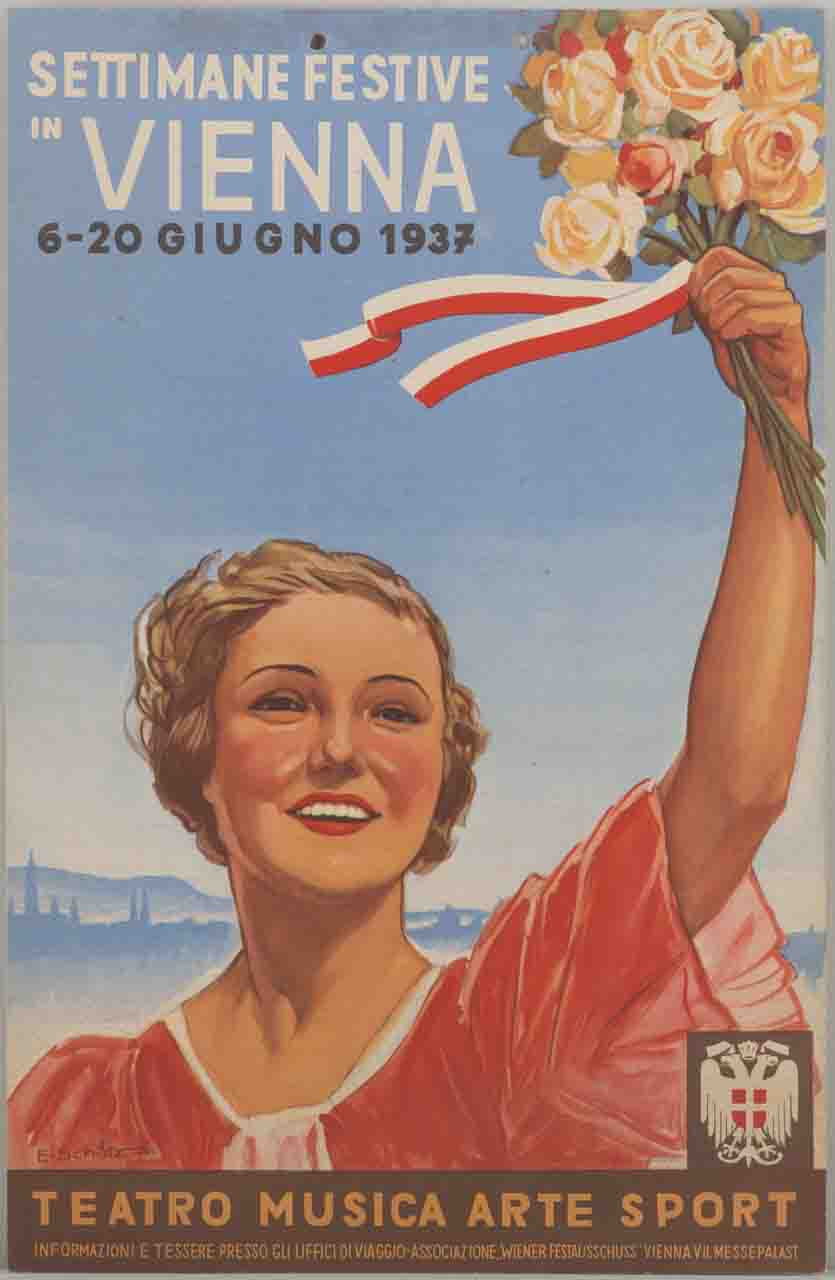 donna a mezzobusto alza al cielo un mazzo di rose sullo sfondo della città di Vienna (locandina) di Schütz Erich (sec. XX)