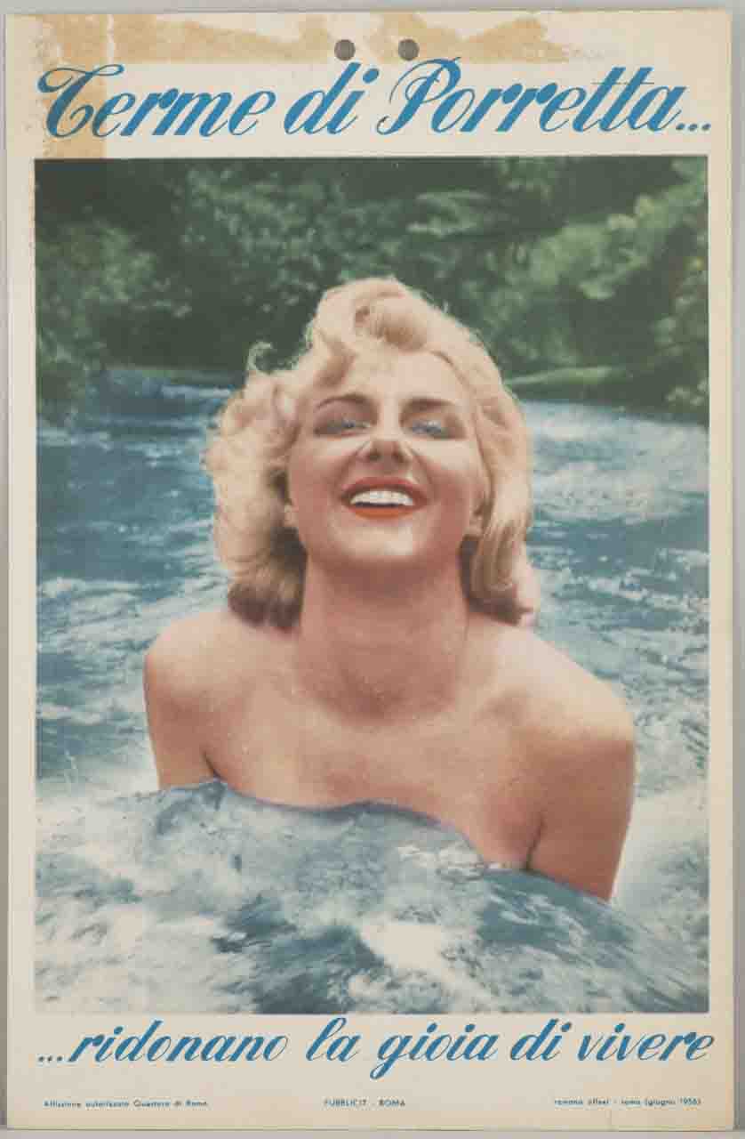 donna sorride immersa in acque termali (locandina) di PUBBLICIT - ambito italiano (sec. XX)