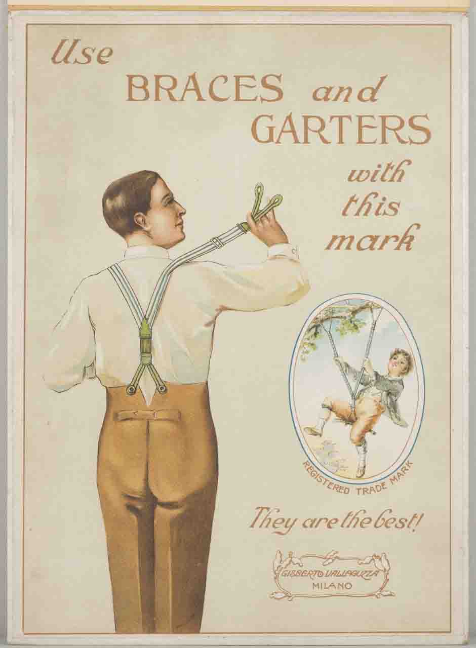 uomo di spalle esibisce le bretelle (locandina) - ambito italiano (sec. XX)