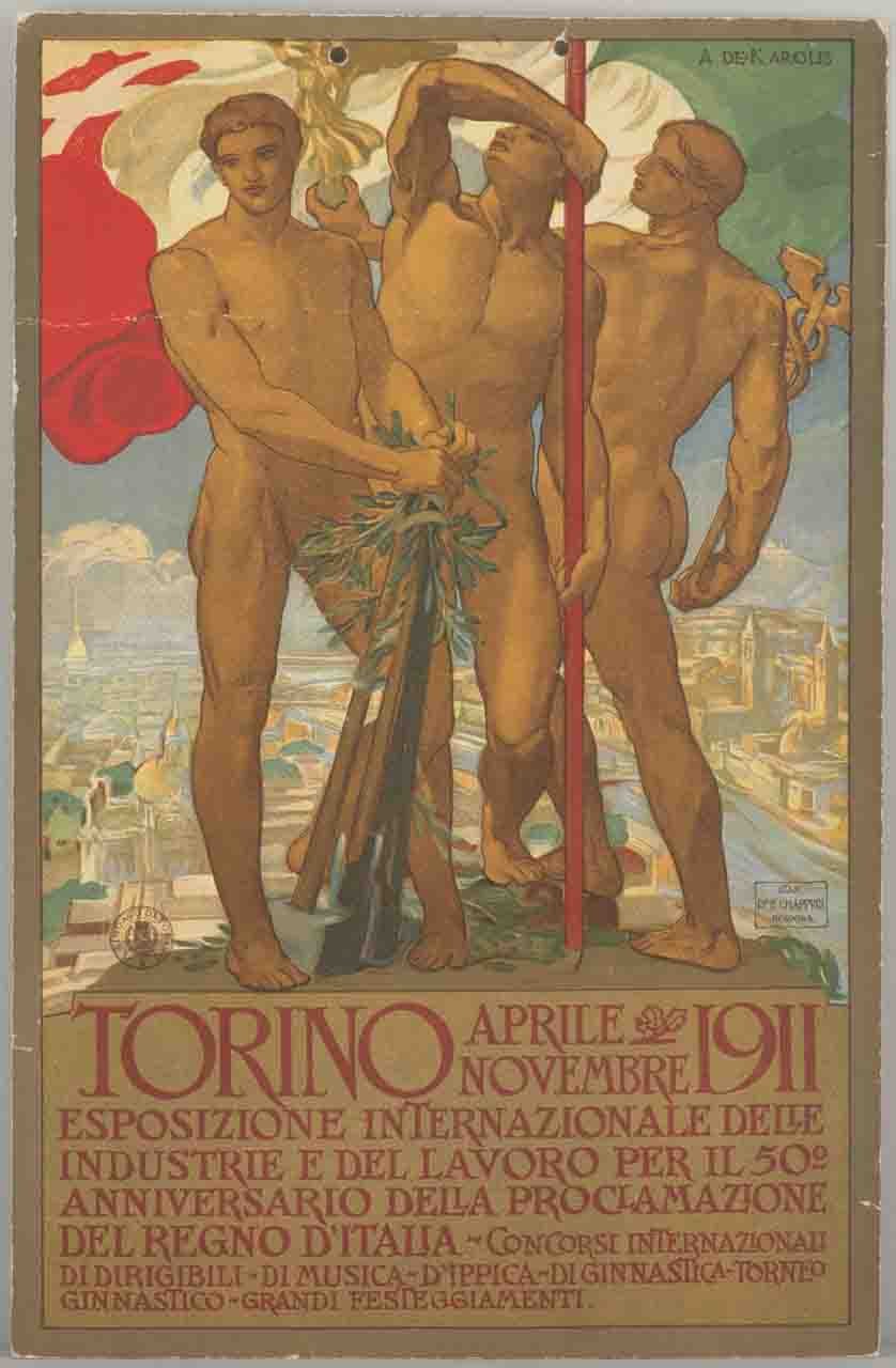 tre figure maschili nude reggenti rispettivamente martello, vanga e piccone con alloro, un'asta con bandiera sabauda svolazzante, una statuetta di Vittoria alata e un caduceo sullo sfondo della città di Torino (locandina) di De Carolis Adolfo (sec. XX)