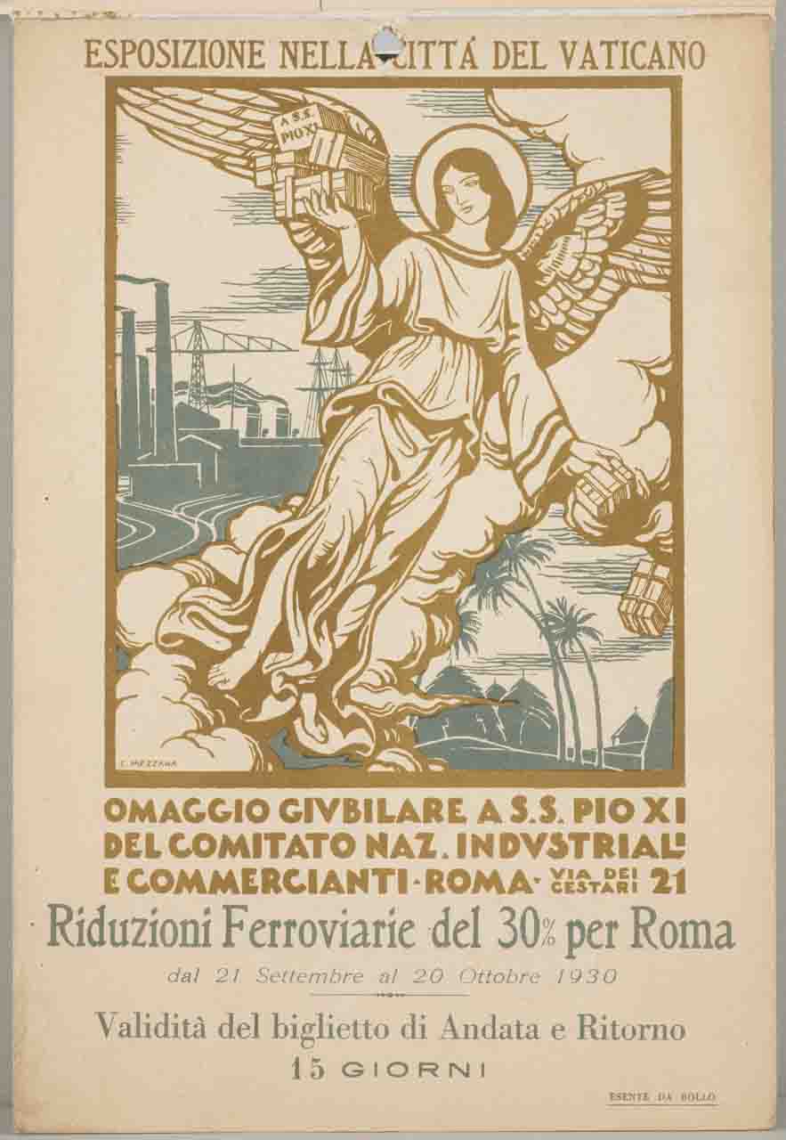 angelo in volo distribuisce pacchi sullo sfondo di ciminiere, di un cantiere navale e di capanne (locandina) di Mezzana Corrado (sec. XX)