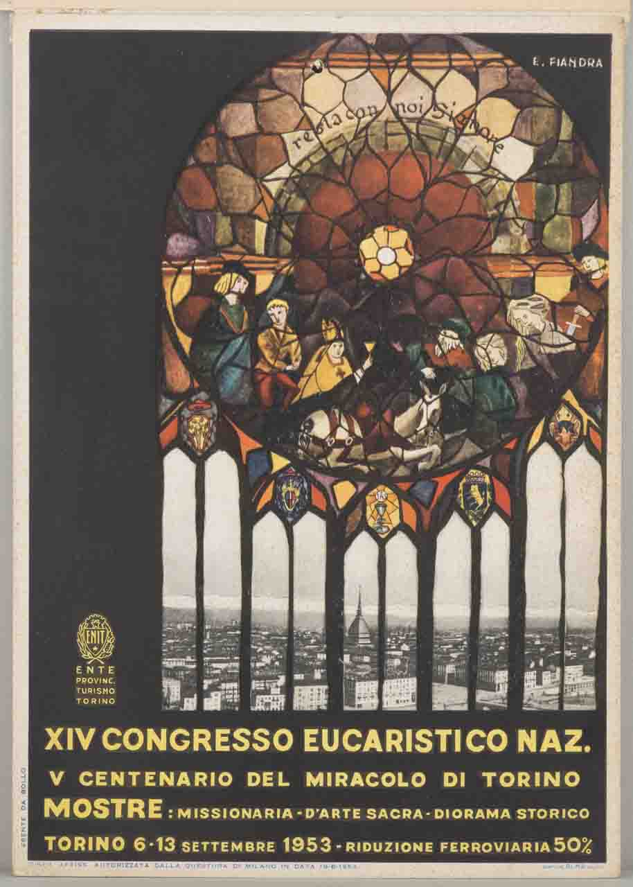 vetrata figurata attraverso cui si apre una veduta di Torino (locandina) di Fiandra Enrica (sec. XX)