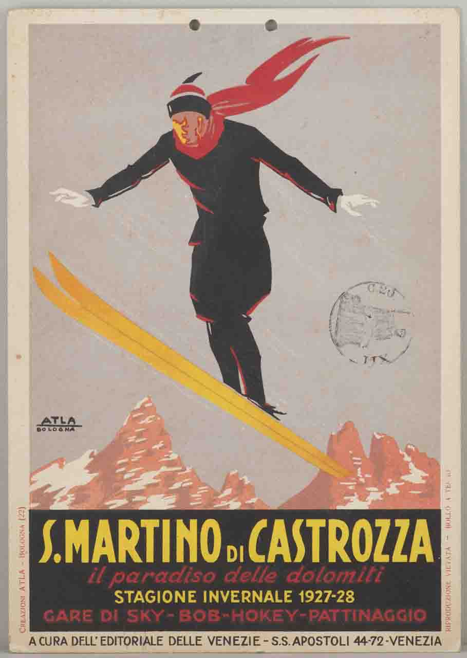 sciatore salta sullo sfondo di montagne innevate (locandina) di ATLA - Pubblicità - Bologna (sec. XX)
