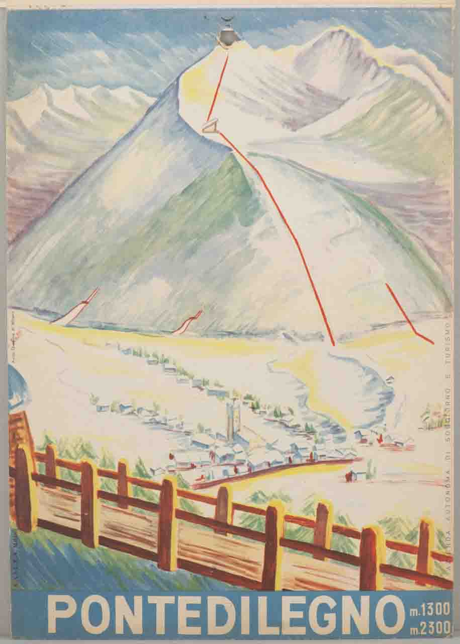 ponte in legno sullo sfondo del paese di Ponte di Legno con gli impianti di risalita (locandina) - ambito lombardo (sec. XX)