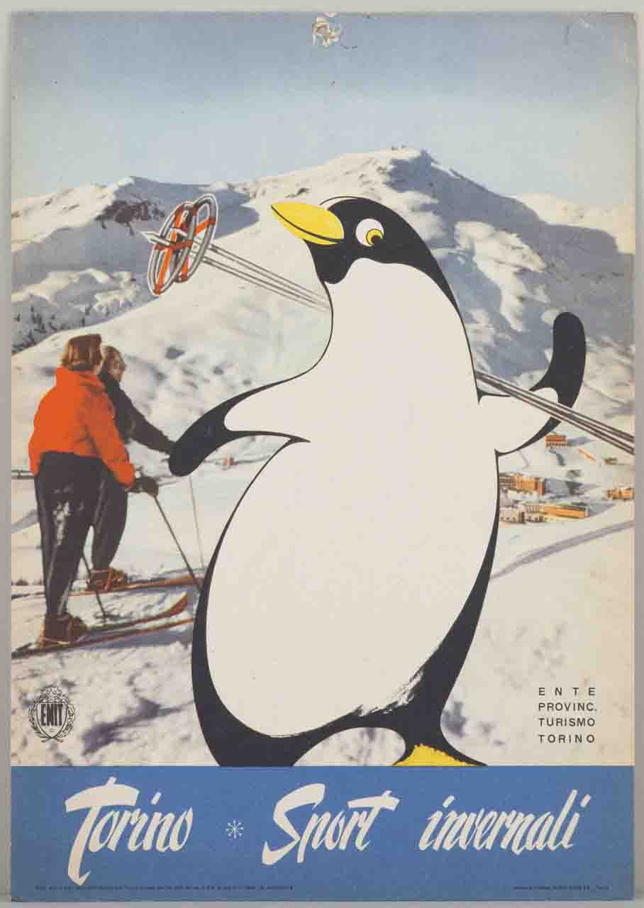 pinguino imbraccia le racchette da sci sullo sfondo di un paesaggio invernale con sciatori (locandina) - ambito piemontese (sec. XX)