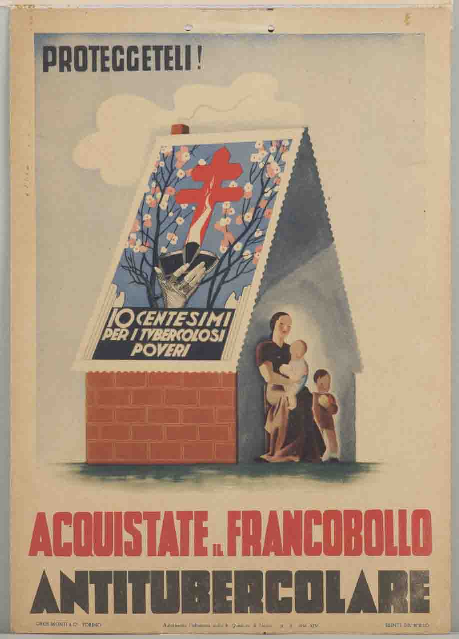 donna con due figli seduta sotto un tetto di francobolli antitubercolari (locandina) di Gros Mario, Monti Cesare (sec. XX)