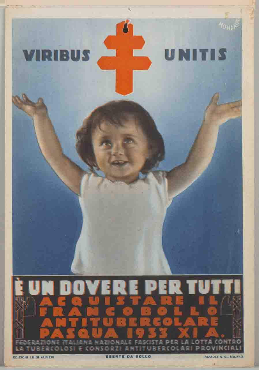 bambina solleva occhi e braccia verso la doppia croce (locandina) di Mondaini Giacinto (sec. XX)