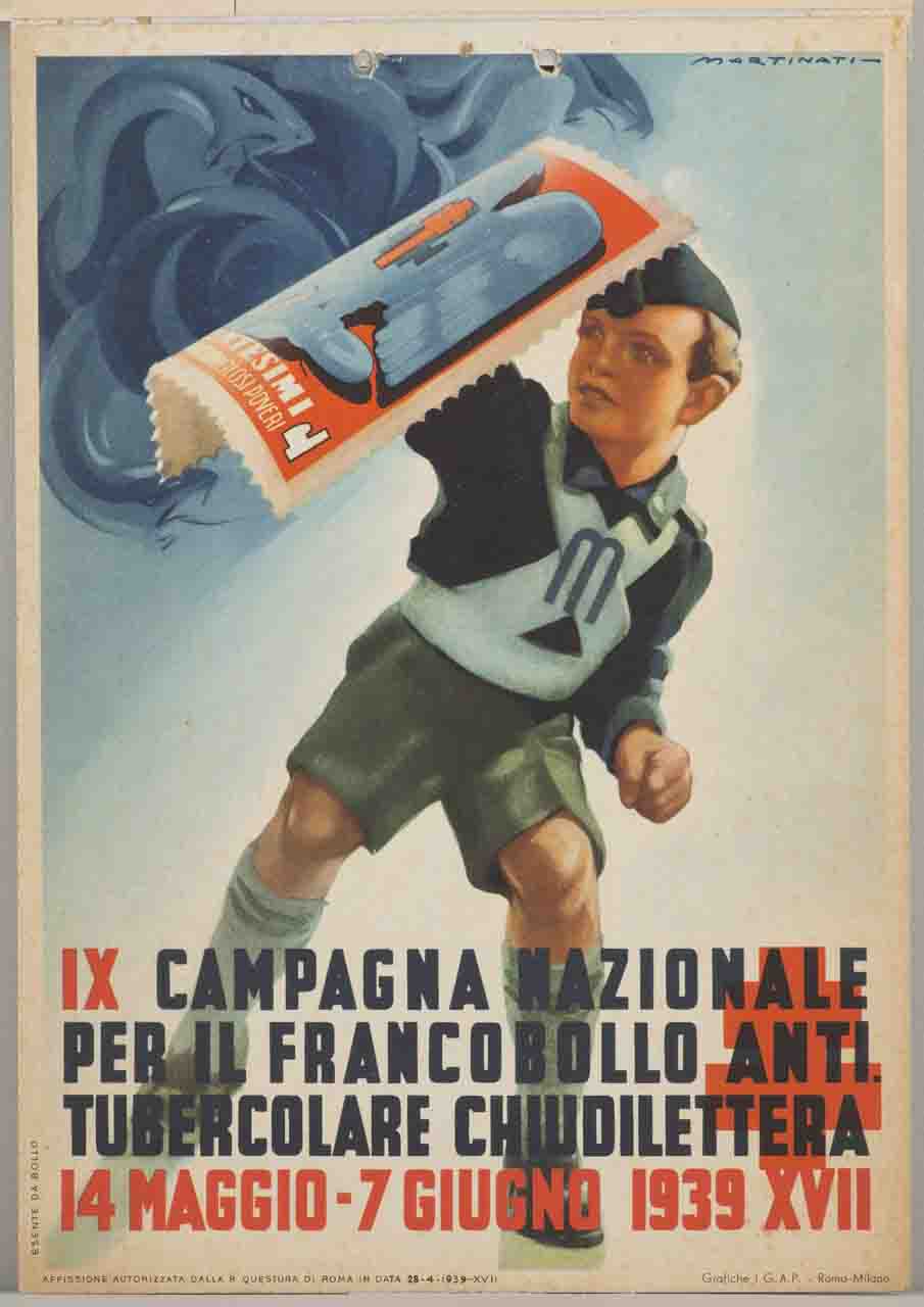 bambino In divisa dei Figli della lupa si fa scudo con un francobollo dall'attacco di mostri (locandina) di Martinati Luigi (sec. XX)