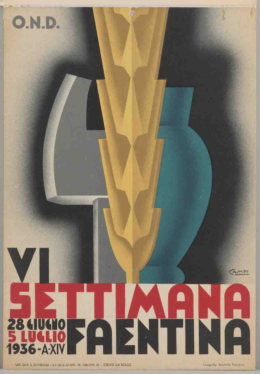 chiave inglese, spiga di grano e vaso stilizzati (locandina) di Campi Serafino (sec. XX)