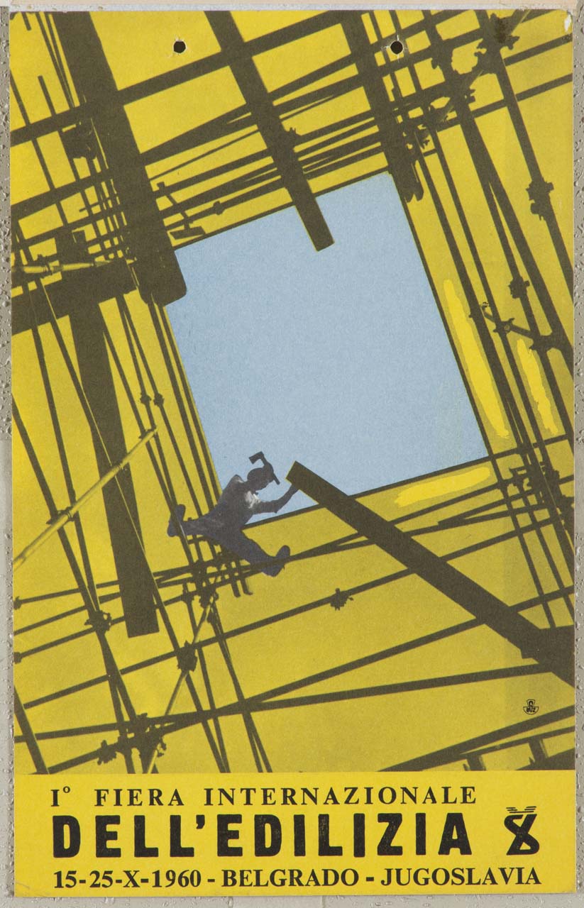 operaio manovra una trave all'interno di un'impalcatura (locandina) - ambito slavo (sec. XX)