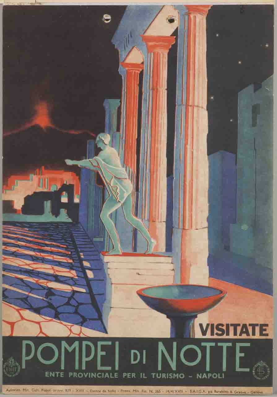 rovine di Pompei con statua sullo sfondo del Vesuvio di notte (locandina) di Riccobaldi Del Bava Giuseppe (sec. XX)