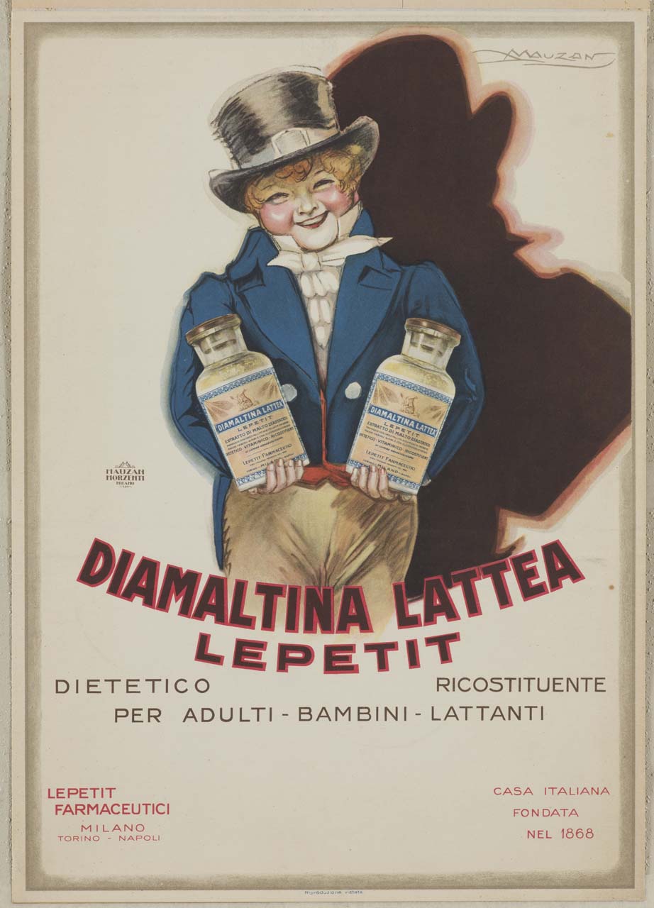 bambino sorridente con cilindro e redingote regge due flaconi di ricostituente (manifesto) di Mauzan Achille Luciano, Mauzan Morzenti (sec. XX)