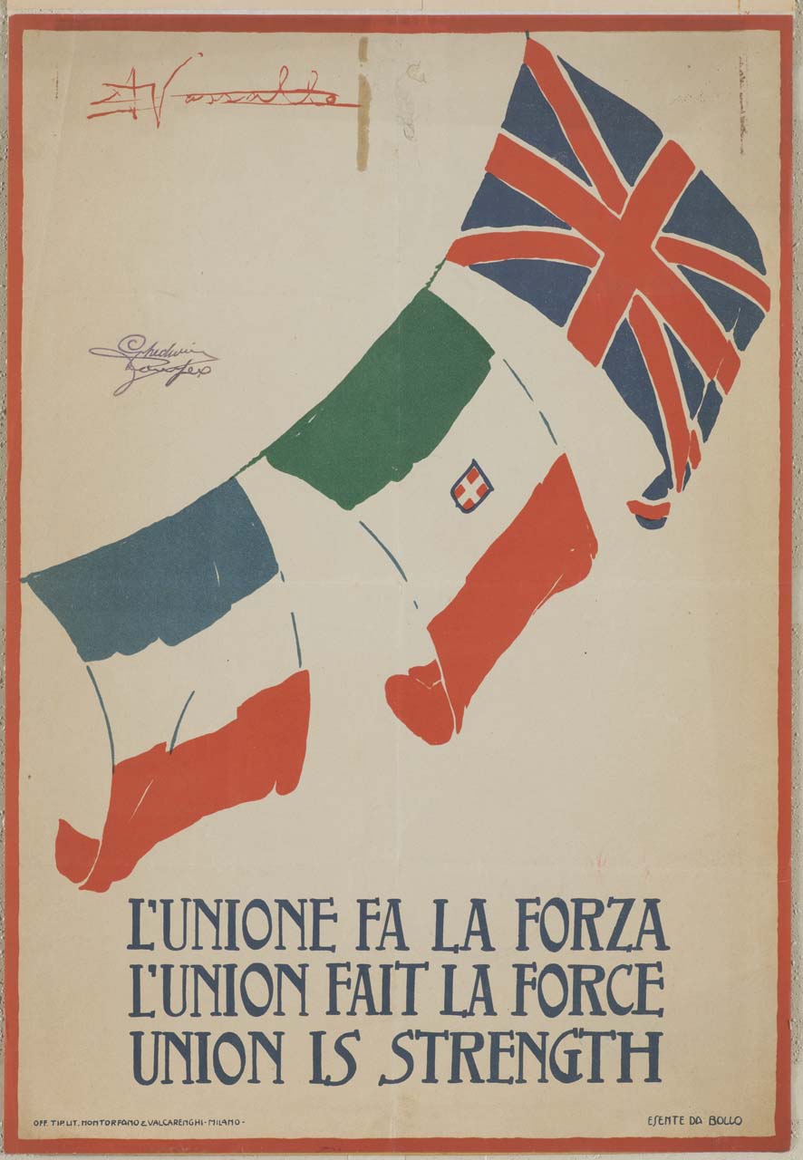 bandiere Francese, Italiana e del Regno Unito (manifesto) di Vassallo Armando (sec. XX)