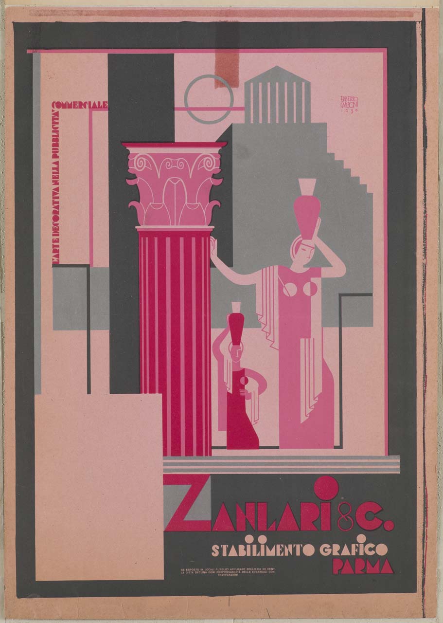 colonna e tempio greco con donne che portano anfore (manifesto) di Carboni Erberto detto Lince (sec. XX)