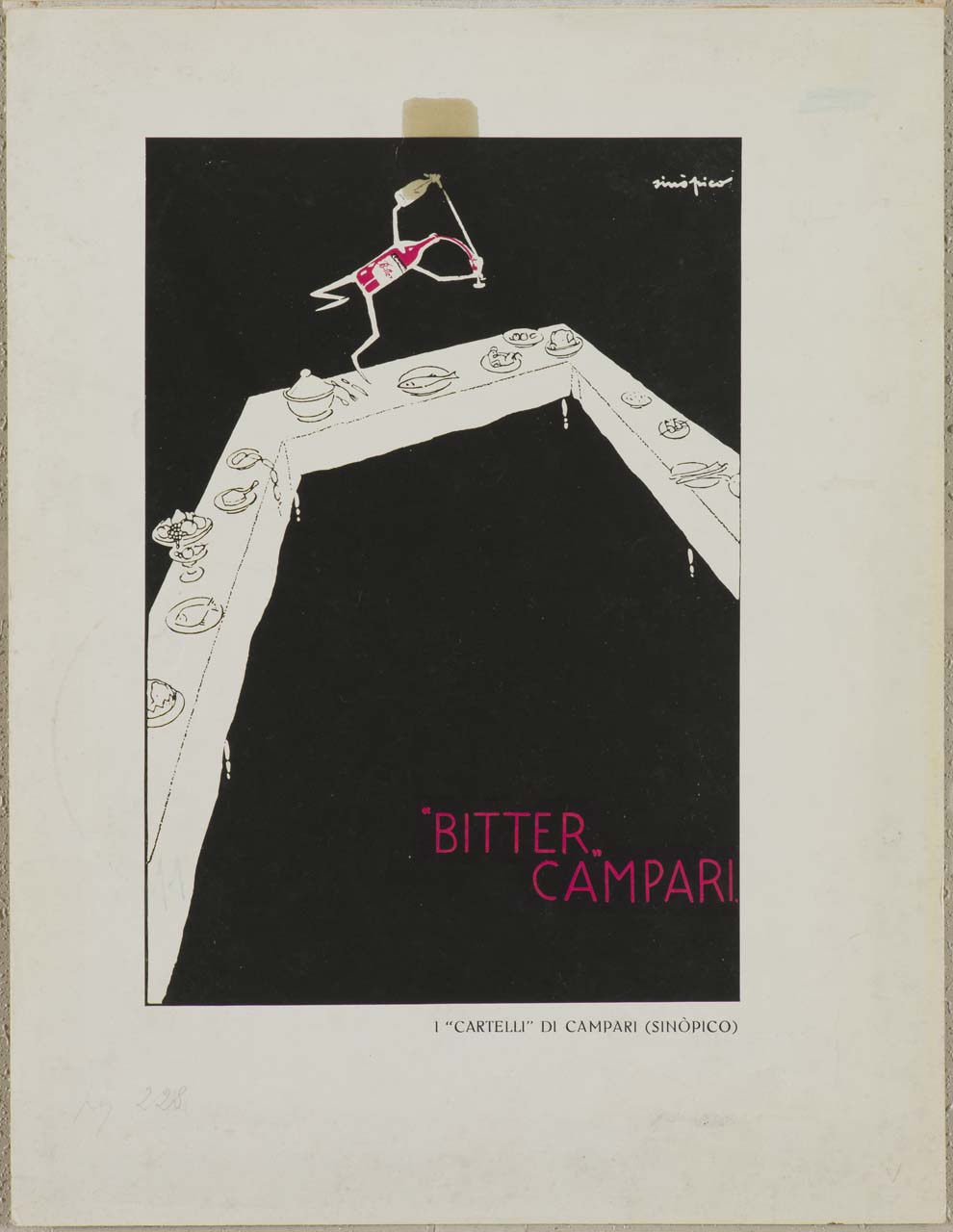 bottiglia di Campari animata su tavola imbandita (locandina) di Chareun Raoul detto Primo Sinopico (sec. XX)