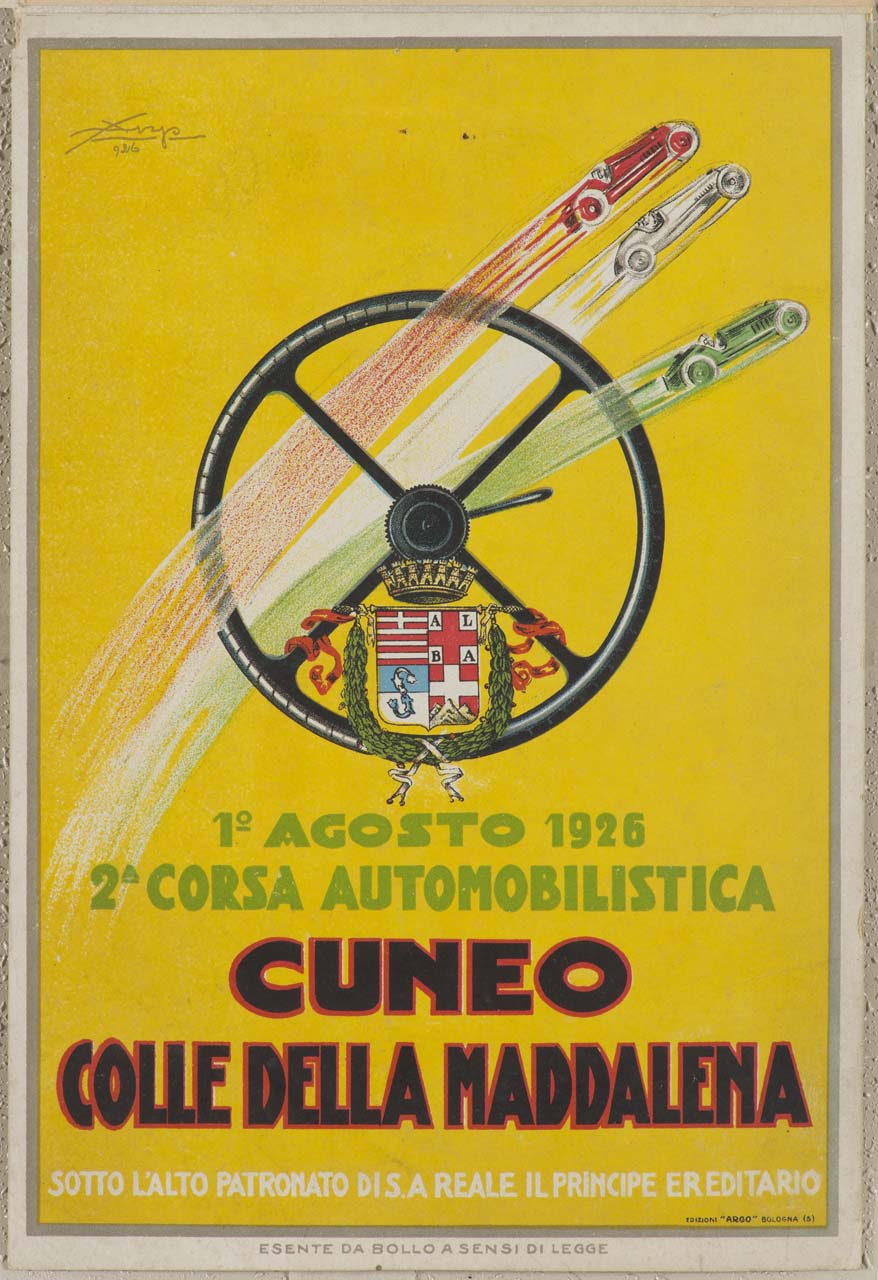 volante con tre automobili in corsa e stemma della provincia di Cuneo (locandina) di Argo - Creazione Marche di Pubblicità (sec. XX)
