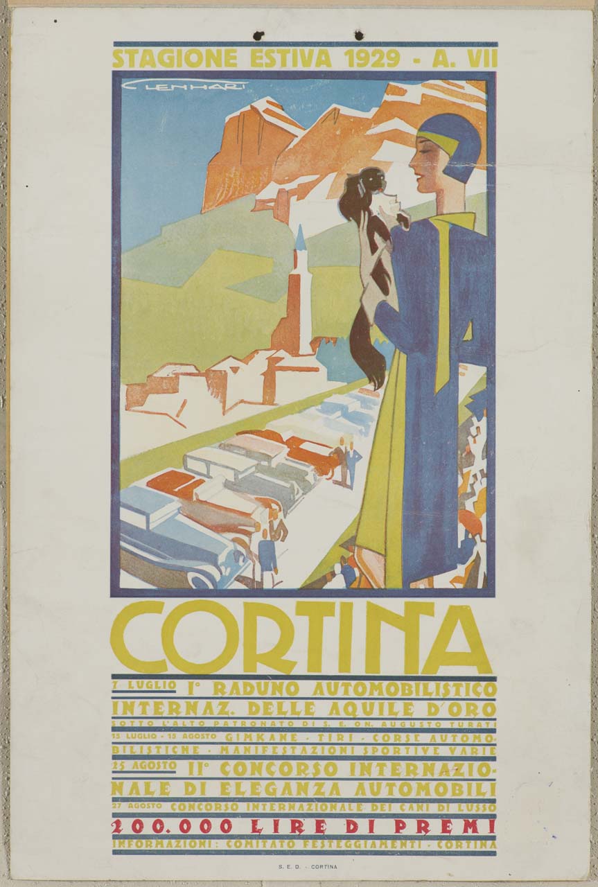 donna con cane sullo sfondo di un paese con montagne e automobili (locandina) di Lenhart Franz (sec. XX)