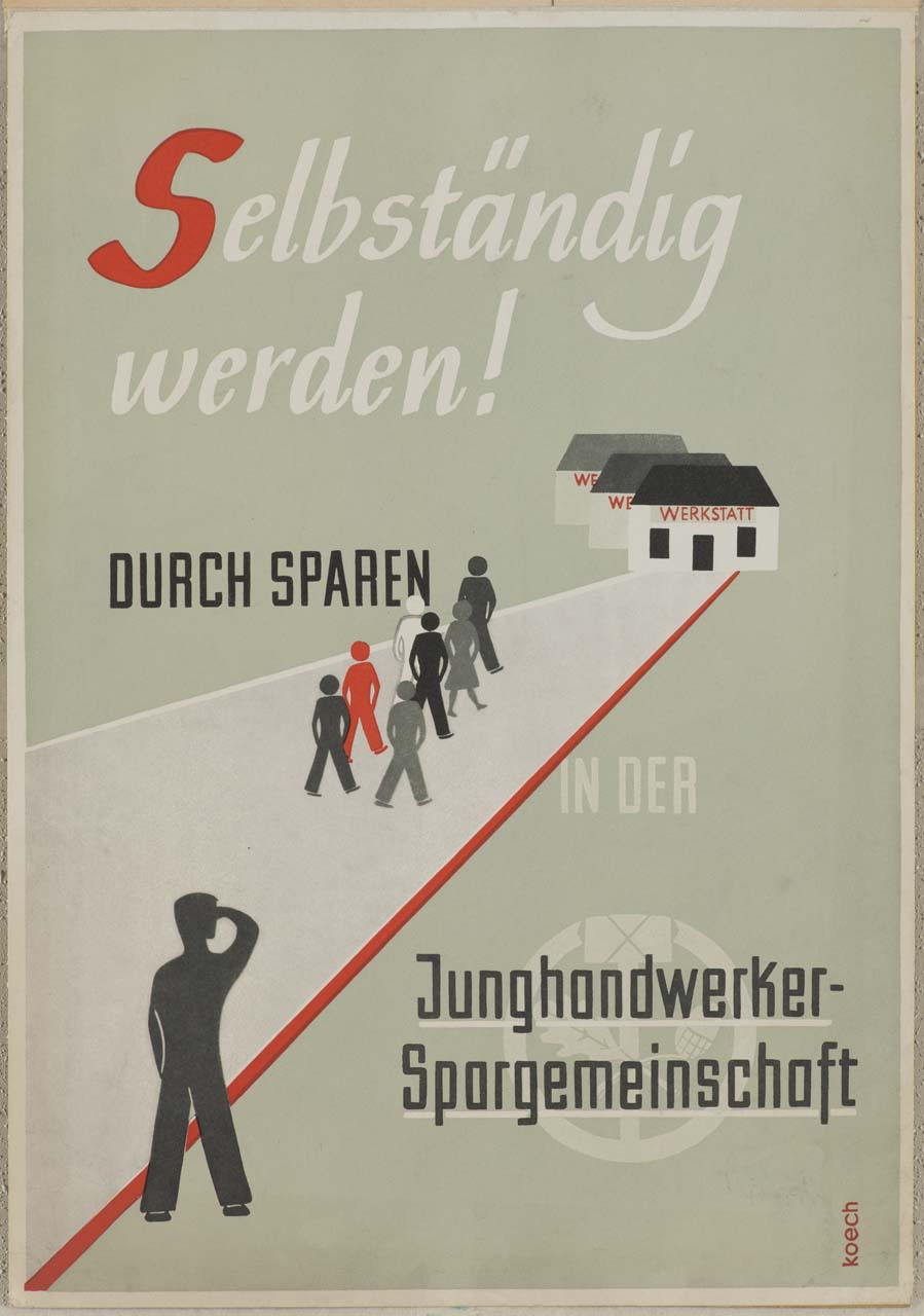 lavoratori si dirigono in officina (locandina) - ambito tedesco (sec. XX)