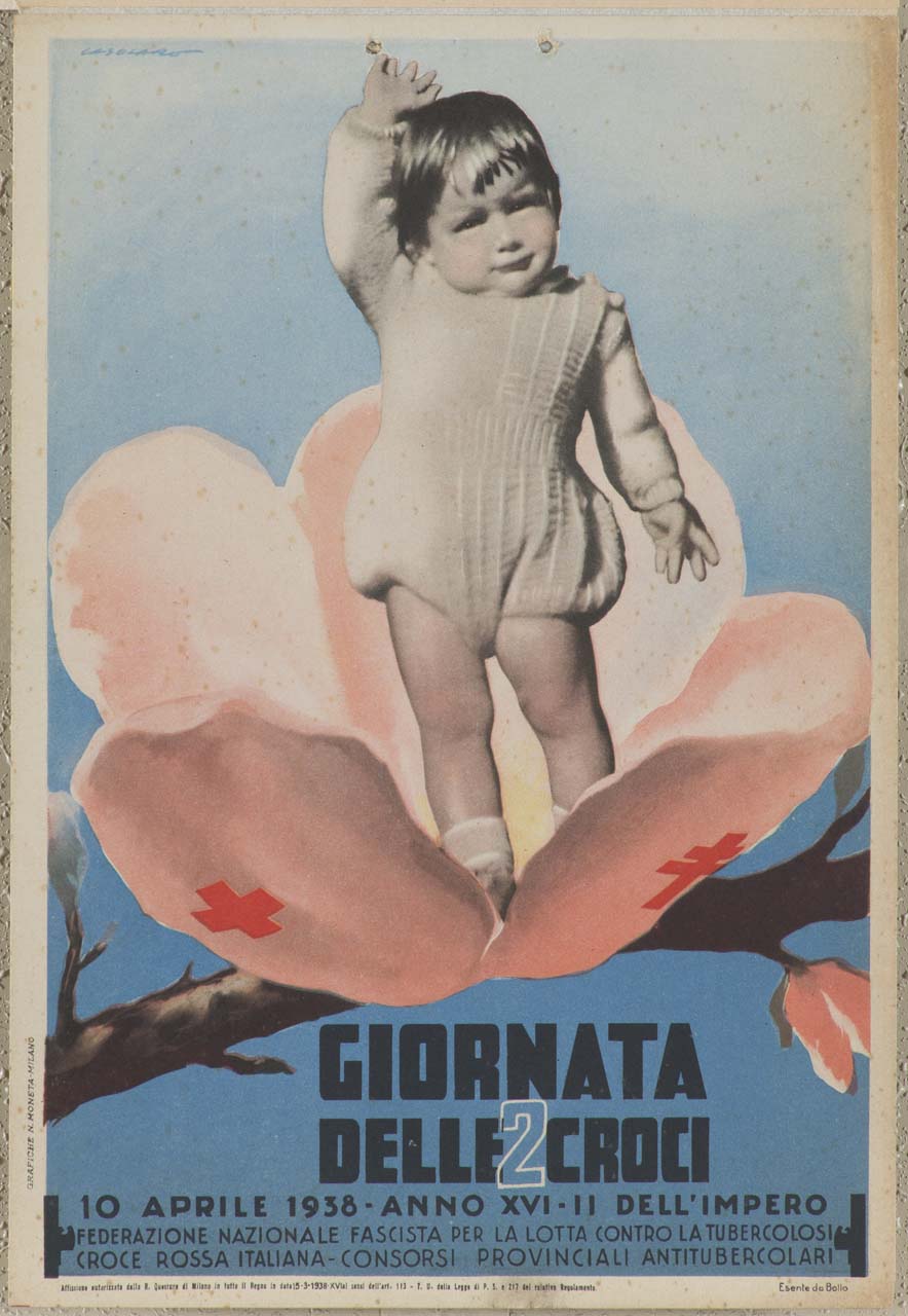 bambino dentro un fiore di pesco con i petali segnati con il simbolo della croce rossa (locandina) di Casolaro Giuseppe (sec. XX)