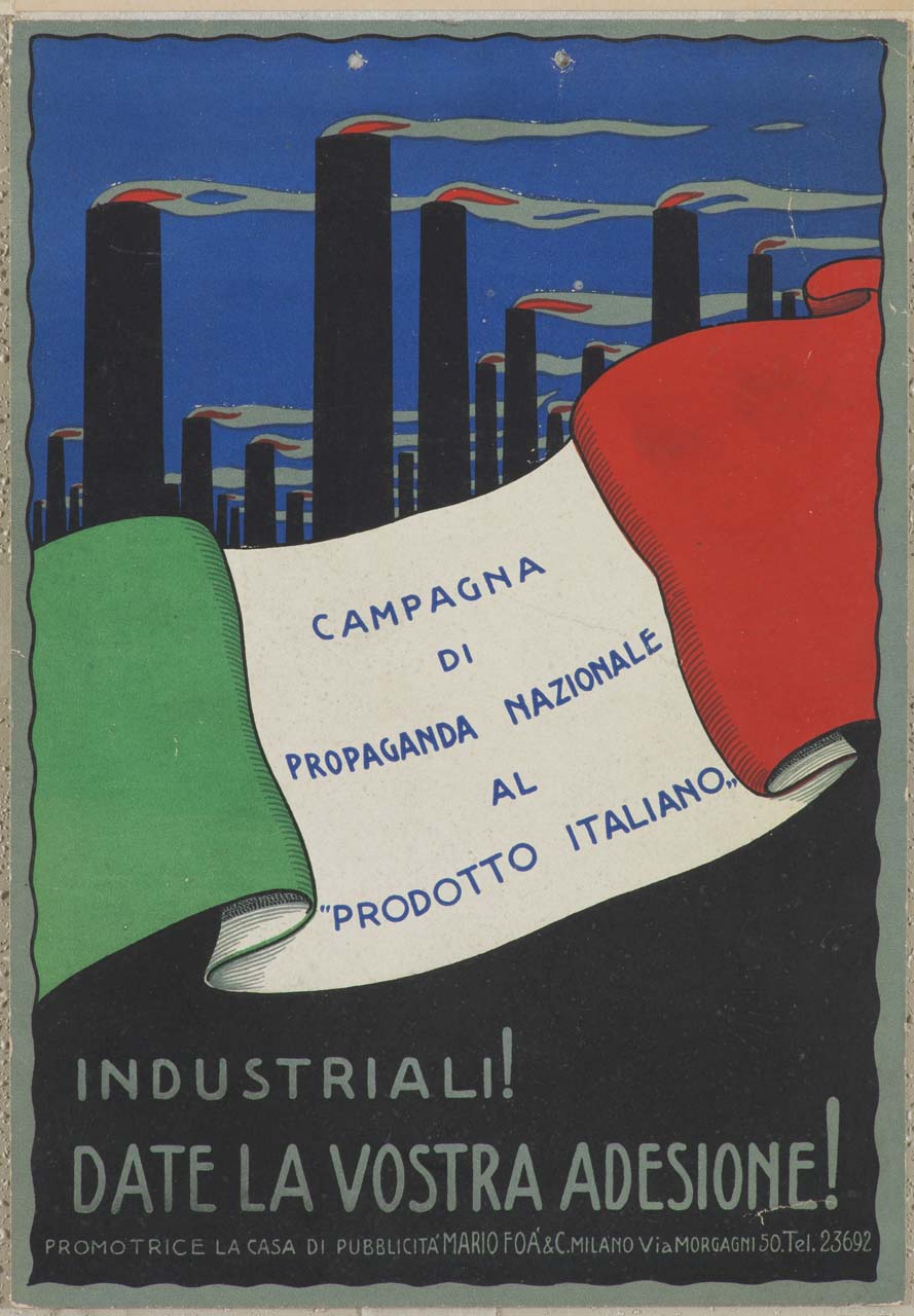 bandiera italiana con sfondo di ciminiere fumanti e fiammeggianti (locandina) di Casa di Pubblicità Mario Foà & C - ambito italiano (sec. XX)