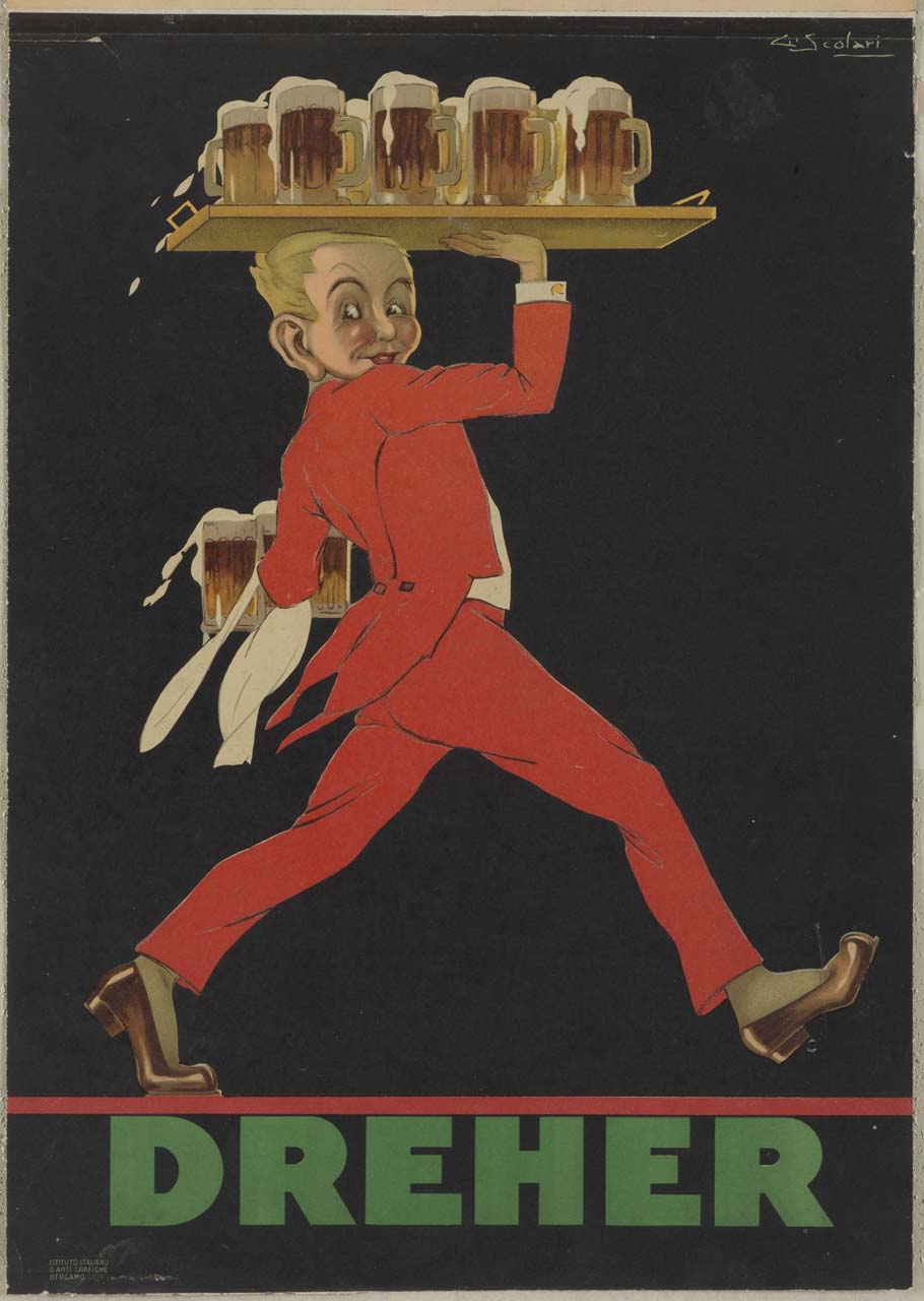 cameriere in frac rosso con vassoio e boccali di birra (manifesto) di Scolari Giovanni (sec XX)