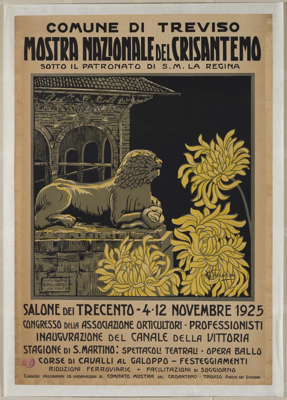 crisantemi sullo sfondo di scultura di leone del Duomo e della Loggia dei Cavalieri a Treviso (manifesto) di Canever Valentino (sec. XX)
