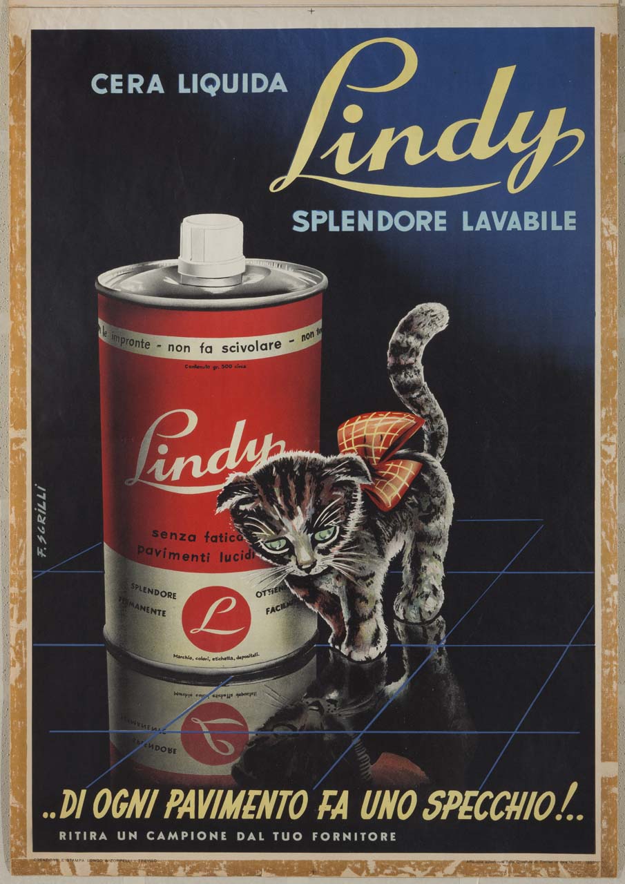 barattolo di cera e cucciolo di gatto su pavimento tirato a lucido (manifesto) di Sgrilli Franco (sec. XX)