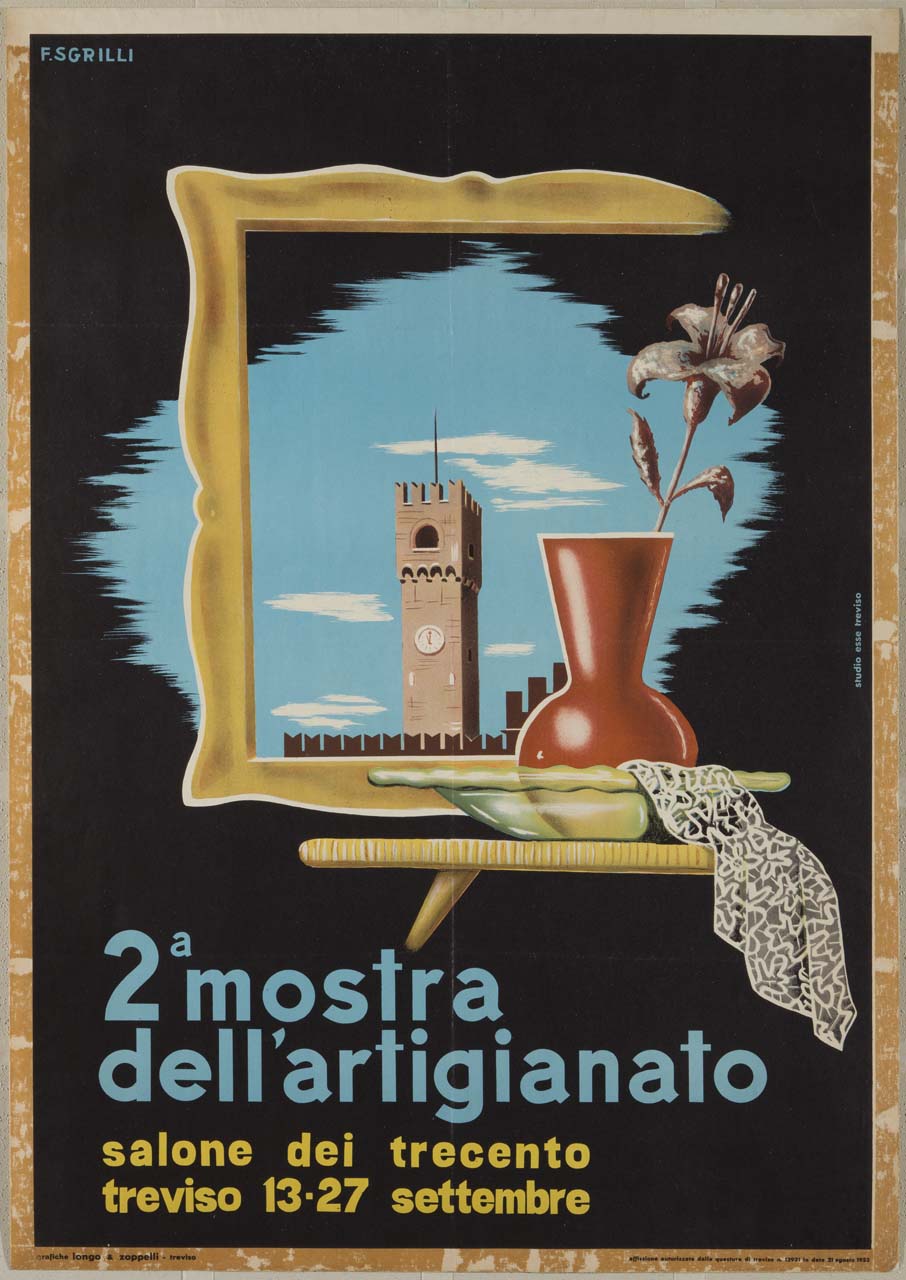 mensola con vaso, giglio e fazzoletto davanti a cornice aperta su cielo azzurro e torre merlata (manifesto) di Sgrilli Franco, Studio Esse Treviso (sec. XX)