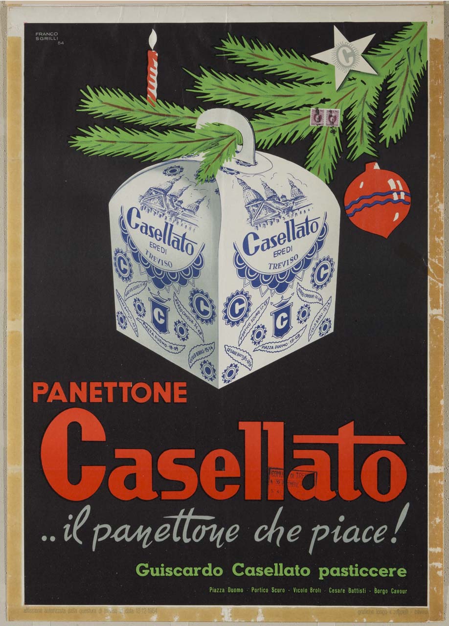 scatola di panettone con ramo di pino e addobbi natalizi (manifesto) di Sgrilli Franco (sec. XX)